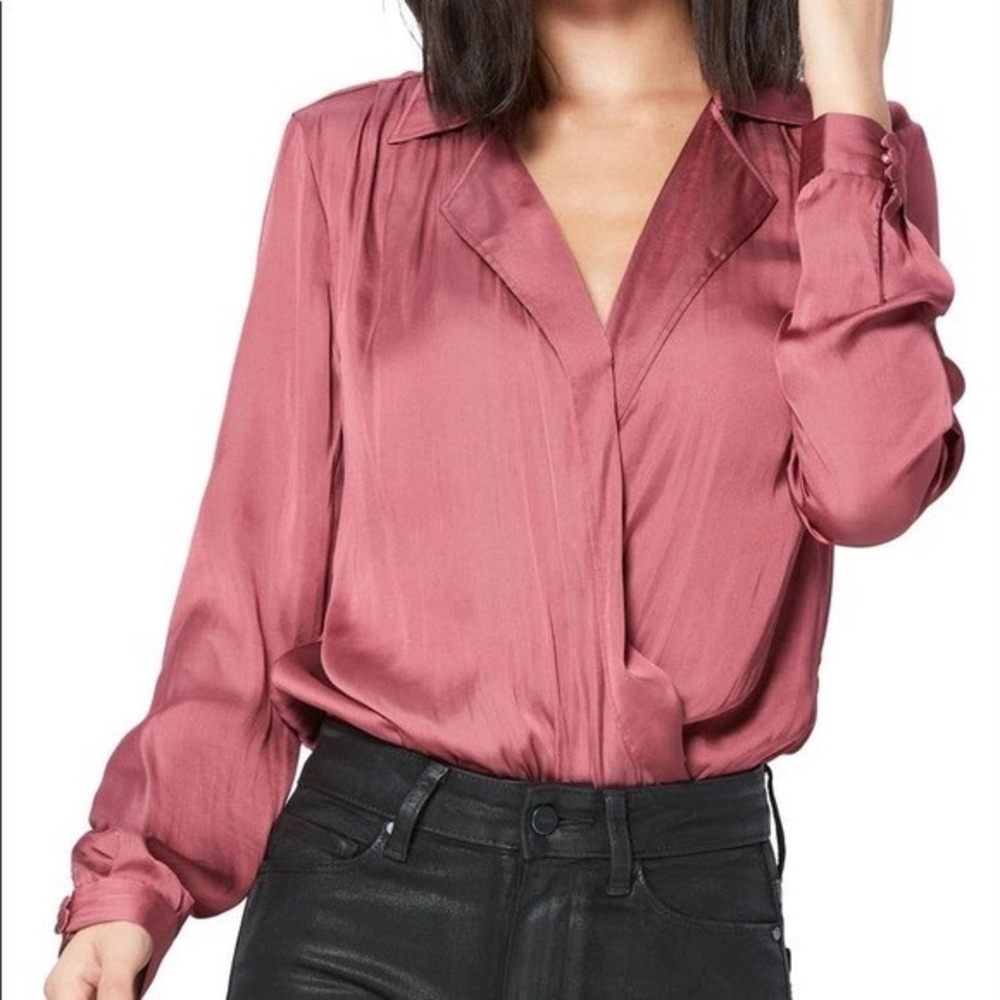 PAIGE Sevynne Womens Mauve Long Sleeve Satin Surplice Bodysuit Blouse Top- Large